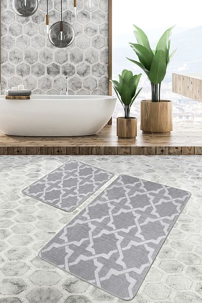 Realhomes Set of 2 Geometric Motif Mosaic Patterned on Gray Floor Geometric Simple & Stylish Set of 2 Bath Mat