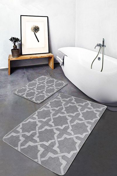 Realhomes Set of 2 Geometric Motif Mosaic Patterned on Gray Floor Geometric Simple & Stylish Set of 2 Bath Mat