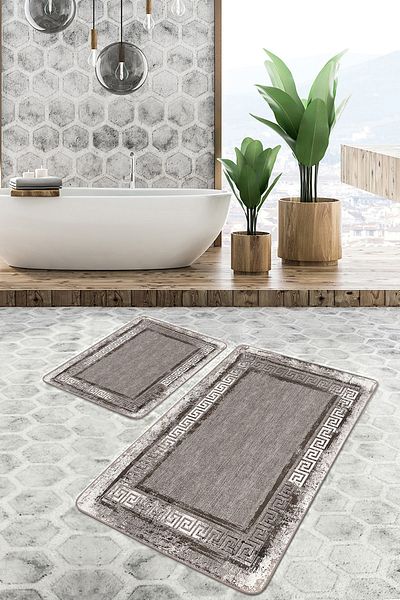 Realhomes 2-Piece Bathroom Mat Set with Framed Motif and Antique Pattern on Brown Floor