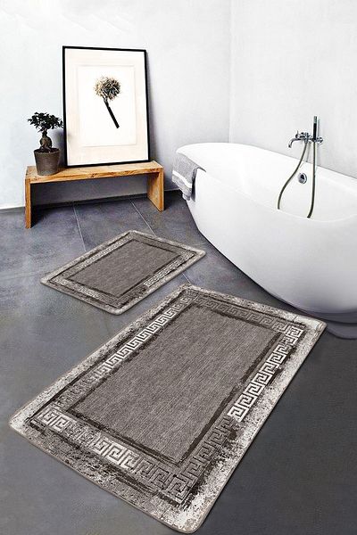 Realhomes 2-Piece Bathroom Mat Set with Framed Motif and Antique Pattern on Brown Floor