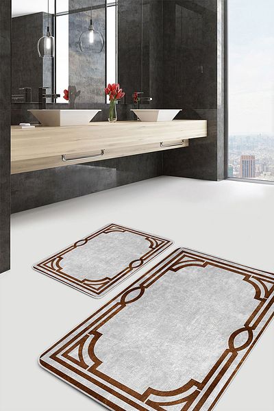 Realhomes Brown - Gray Framed Motif Classic Patterned Vintage Geometric 2-Piece Bathroom Mat Set