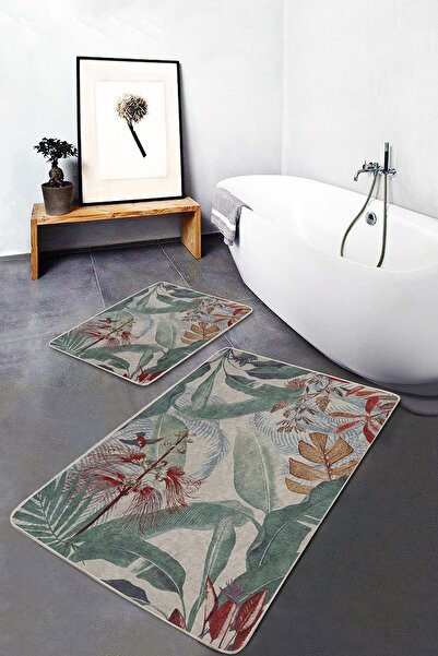 Realhomes Set of 2 Green Floor with Flower Motifs Traditional Summer & Fresh Floral 2-Piece Bath Mat Set
