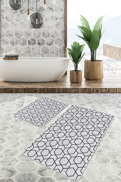 Realhomes Set of 2 Black Geometric Motif on Gray Floor Classic Simple & Stylish Geometric 2-Piece Bath Mat Set