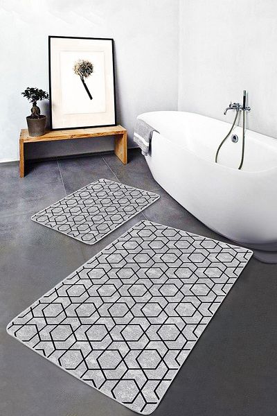 Realhomes Set of 2 Black Geometric Motif on Gray Floor Classic Simple & Stylish Geometric 2-Piece Bath Mat Set