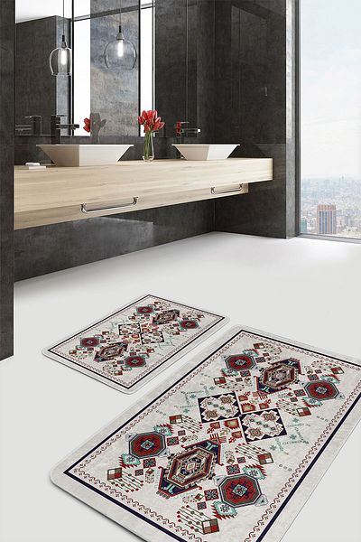 Realhomes Red - Gray Ottoman Ethnic Motifs with Authentic Motif on the Floor Vintage 2-Piece Bathroom Kitchen Mat Set