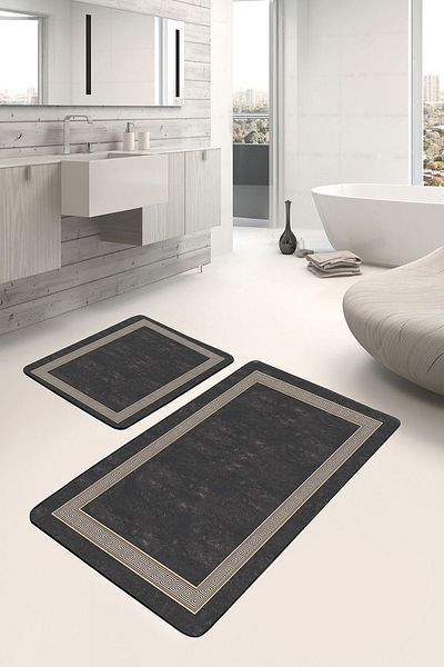 Realhomes Simple & Stylish Classic 2-Piece Bathroom & Kitchen Mat Set with Framed Motif on Smoked Floor