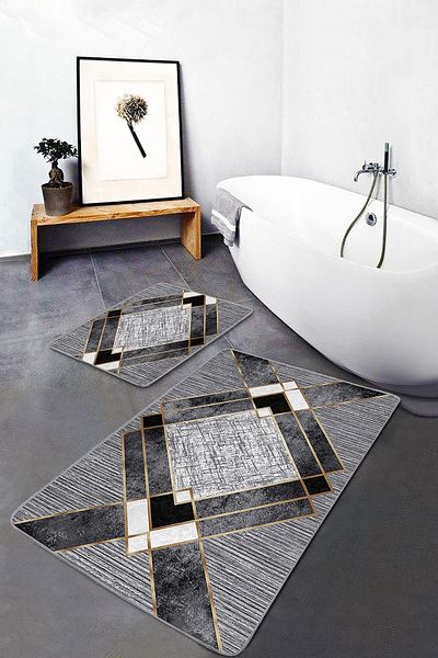 Realhomes 2-Piece Geometric Motif on Gray Floor Classic Patterned Geometric Classic 2-Piece Bathroom & Kitchen Mat Set