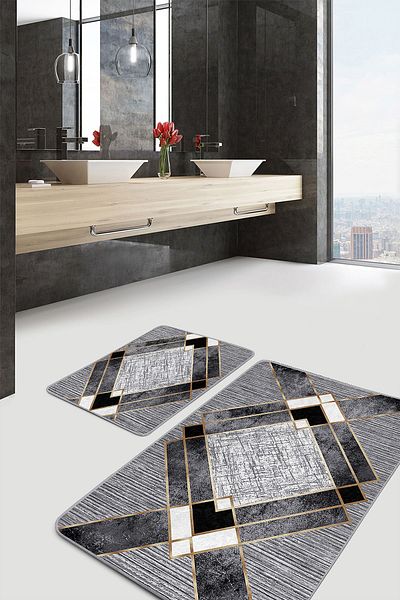 Realhomes 2-Piece Geometric Motif on Gray Floor Classic Patterned Geometric Classic 2-Piece Bathroom & Kitchen Mat Set