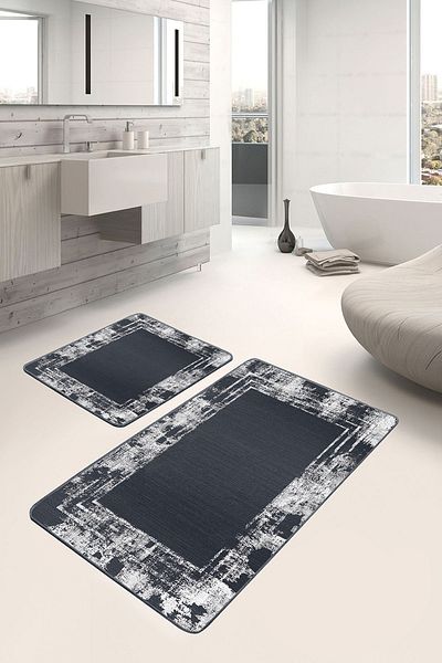 Realhomes Smoked White Framed Motif Woven Carpet Patterned Antique Vintage 2-Piece Bathroom Mat Set