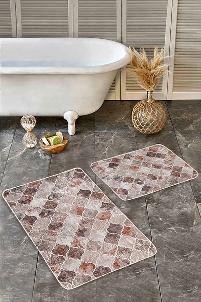 Realhomes Set of 2 Local Geometric Classic Bathroom Mat Set of 2 with Morrocan Motif on Brown Floor