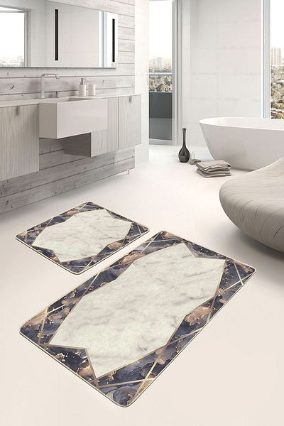 Realhomes Set of 2 Antique Framed Motif Marble Patterned Geometric Classic 2-Piece Bathroom Mat Set