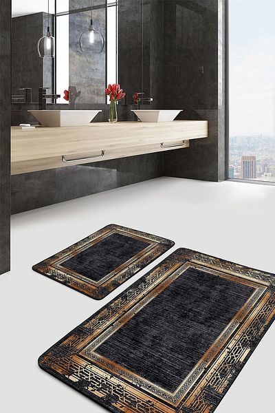 Realhomes Black - Gold Framed Motif Antique Motif Vintage 2-Piece Bathroom & Kitchen Mat Set