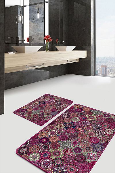 Realhomes Set of 2 Traditional Geometric Vintage 2-Piece Bath Mat Set with Patchwork Motif on Red Floor