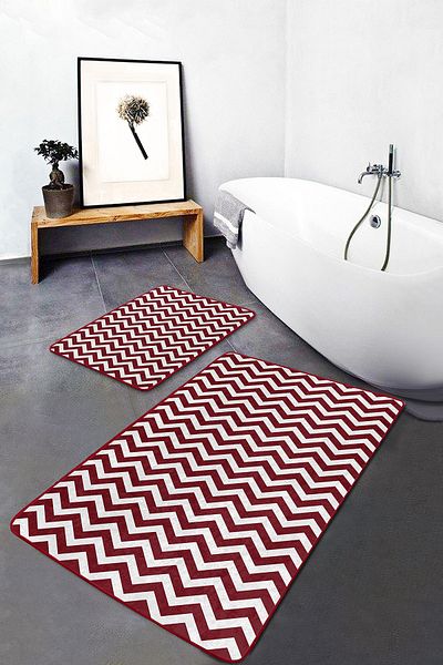 Realhomes Geometric Patterned Geometric Classic 2-Piece Bathroom & Kitchen Mat Set with Zigzag Motif on Claret Red Floor
