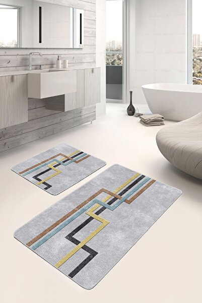 Realhomes 2'li Set Gri Zeminde Geometrik Motifli Klasik Desenli Geometrik Sad...