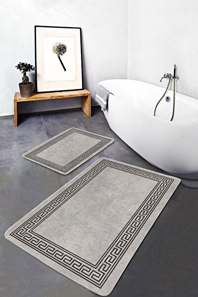 Realhomes سجادة مؤطرة باللون البني - البيج على أرضية Avangarde بتصميم هندسي مكون من قطعتين لمطبخ الحمام