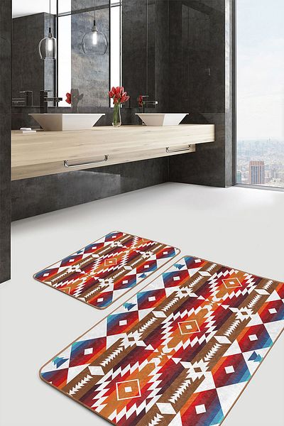 Realhomes Geometric Geometric Ethnic Motifs with Ancient Motifs on Red Background 2-Piece Bathroom & Kitchen Mat Set