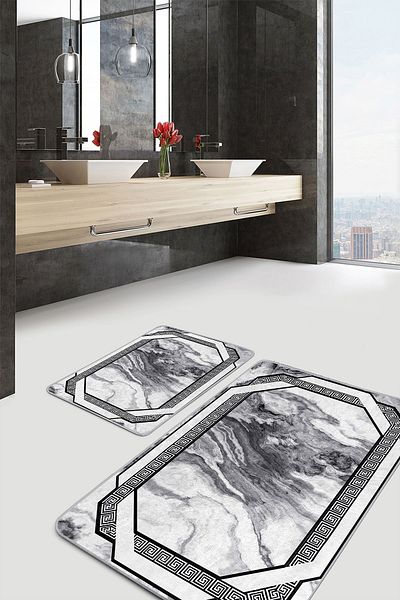 Realhomes Black - Smoked Floor Woven Carpet Motif Marble Classic Simple & Stylish 2-Piece Bathroom & Kitchen Mat Set
