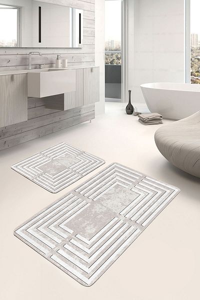 Realhomes Antique Patterned Geometric Classic 2-Piece Bathroom & Kitchen Doormat Set with Framed Motifs on Cream Floor
