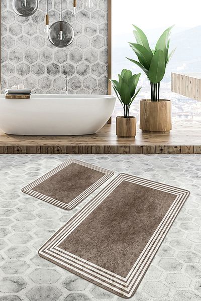 Realhomes Antique Geometric Simple & Stylish 2-Piece Bathroom & Kitchen Mat Set with Framed Motifs on Brown Floor