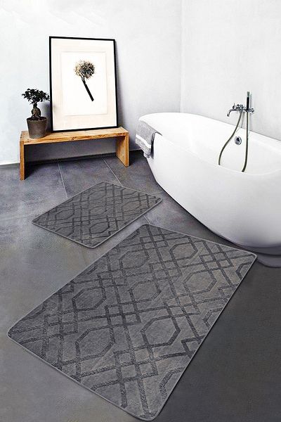 Realhomes 2-Piece Geometric Motif Knitted Patterned Geometric Vintage 2-Piece Bathroom & Kitchen Mat Set on Smoked Floor