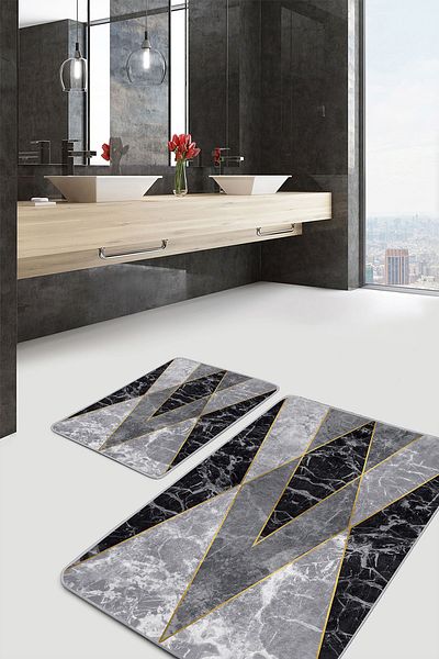 Realhomes Set of 2 Gray - Black Geometric Geometric Classic Bathroom Mat Set of 2 with Marble Motif on Black Floor