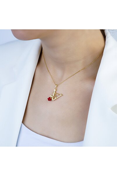 925KOLYE V Harfi Gül Detaylı Kolye 925 Ayar Gümüş