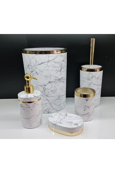 İmera 5 Piece White Bathroom Set - Acrylic Made, Round Marble-Granite Pattern