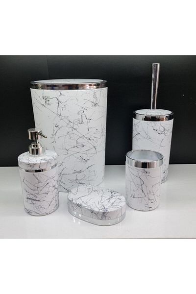 İmera 5-Piece White Marble Patterned Round Bathroom Set - Acrylic