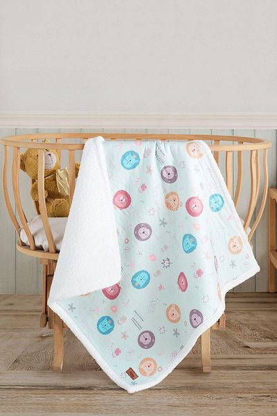 Vagonik Puffy Baby Blanket 80x80 Cm Lion Patterned Blue Melis Sheep Hair Blanket