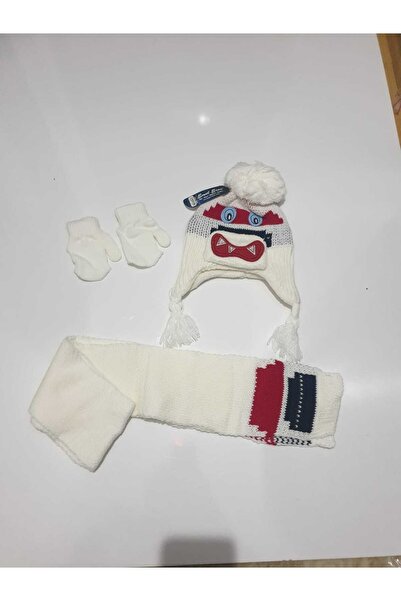 Karınca Girl's White-Red Winter Triple Beret Set Hat Gloves Scarf Set 1-2 Years