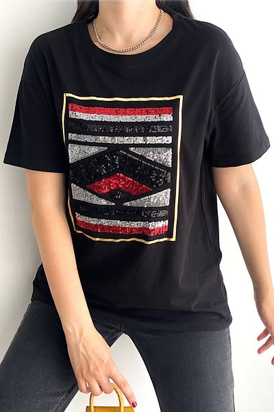 FEMELLE Tricou de damă din bumbac brodat cu paiete negre pe față