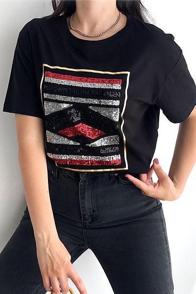 FEMELLE Tricou de damă din bumbac brodat cu paiete negre pe față