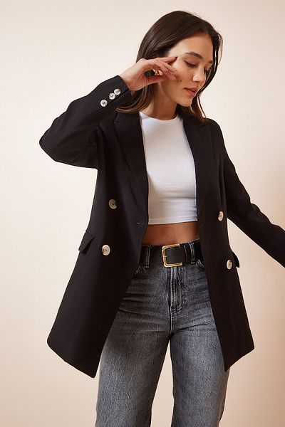 Happiness İstanbul Women's Black Double Breasted Oversize Linen Blazer Jacket TO00049
