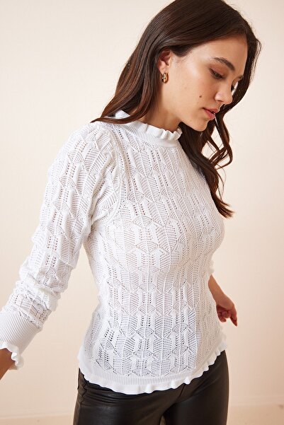 Happiness İstanbul Pulover de damă, alb, cu guler rotit cu volane, tricotaj, YY00127