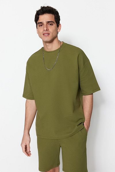 Trendyol Collection Υπερμεγέθη Premium Χακί Χοντρό T-Shirt - 100% βαμβάκι, ετικέτες, υφή TMNSS23TS00069