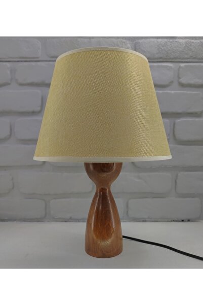 365GUNSERİSONU مصباح طاولة من القماش ذو ساق خشبية طبيعية مع قبعة