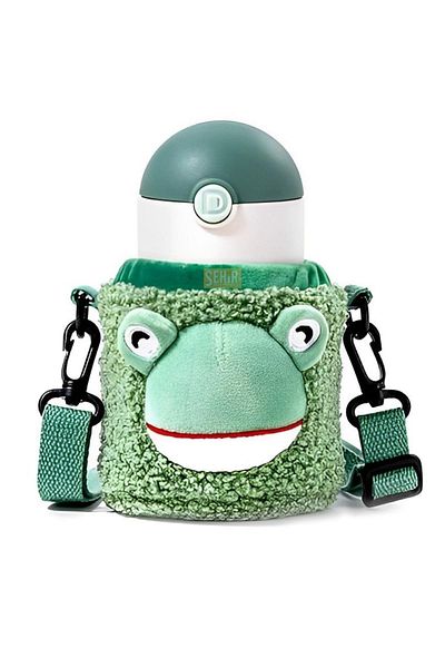 DILLER 300ml Steel Thermos Children's Flask with Cute Animals Plush Cover and Neck Strap