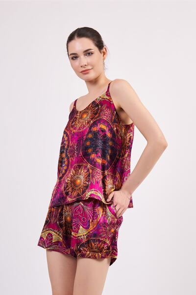 Nomads Felt 100% İpek Askılı Şort Pijama Takımı | Mandala Desen 3 Fuşya | Nom...