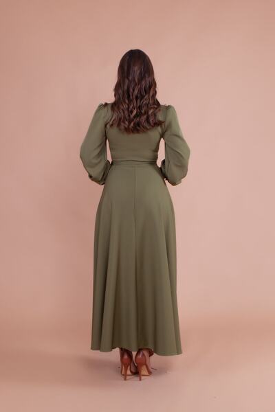vuvutasarım Women's Flexible Atlas Fabric Sash Detailed Double Breasted Collar Long Sleeve Maxi Khaki Evening Dress 110