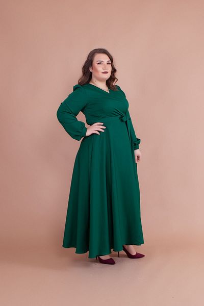 vuvutasarım Women's Large Size Flexible Atlas Fabric Sash Detailed Double Breasted Collar Long Sleeve Green Evening Dress 110