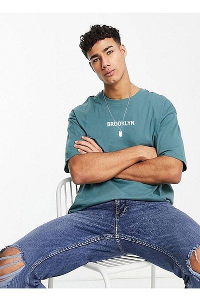 Buğraterzimoda Μπλουζάκι Unisex Brooklyn Printed Petrol Blue Oversize