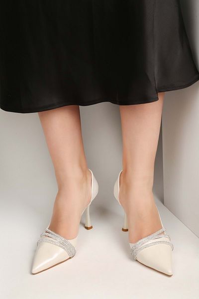 Shoeberry Women's Pearl Satin Stone Heeled Shoes Stiletto