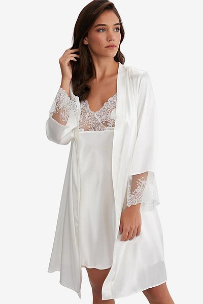 AYYILDIZ 3944 Ecru-Satin-Nachthemd-Morgenmantel-Set