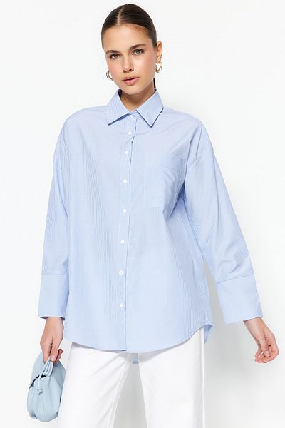 Trendyol Modest Cămașă cu dungi din bumbac țesut cu manșete albastru deschis TCTSS23TG00034