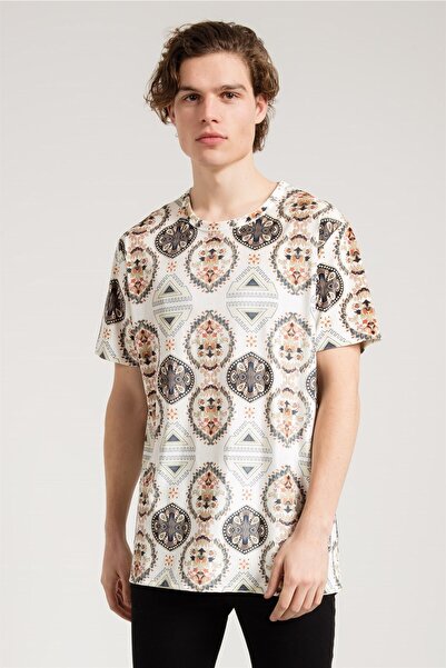 JAHR MARC Aztec Printed Cream Color Velvet Men's T-shirt