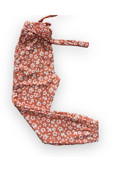 Pink Hippo Kids Flower Patterned Elastic Waist Crinkle Fabric Girl's Trousers