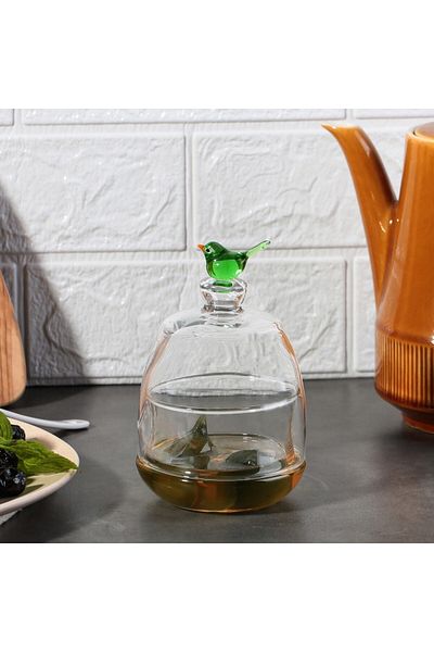 ADAMODART Handmade Murano Glass Design with Green Bird Figure, Jam Bowl & Sugar Bowl with Lid