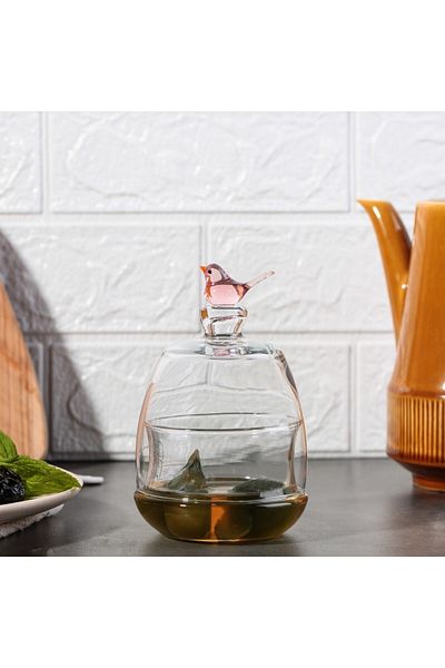 ADAMODART Handmade Murano Glass Design with Pink Bird Figure, Jam Bowl & Sugar Bowl with Lid