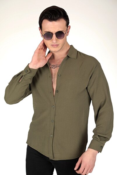 efraim giyim Ανδρικό πουκάμισο Oversize από λινό Aerobin Khaki με υφή